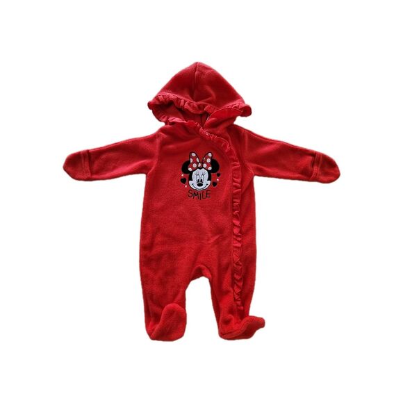 Disney Other - Disney Baby Minnie Mouse 0-3 Months Red Fleece Zippered Hooded Jumpsuit Footed